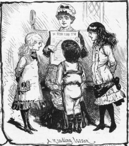 Sketch of woman holding book and 3 children standing in front of her looking at it.
